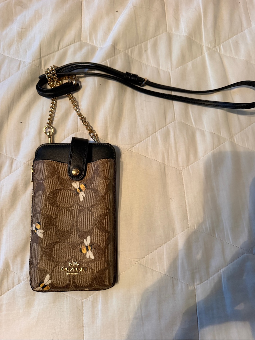 COACH Brown Signature Bee Print Crossbody Phone Pouch with Black Trim